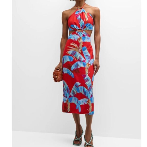 FARM RIO Sweet Jungle Frond Cut Out Halter Linen Midi Dress Size XL